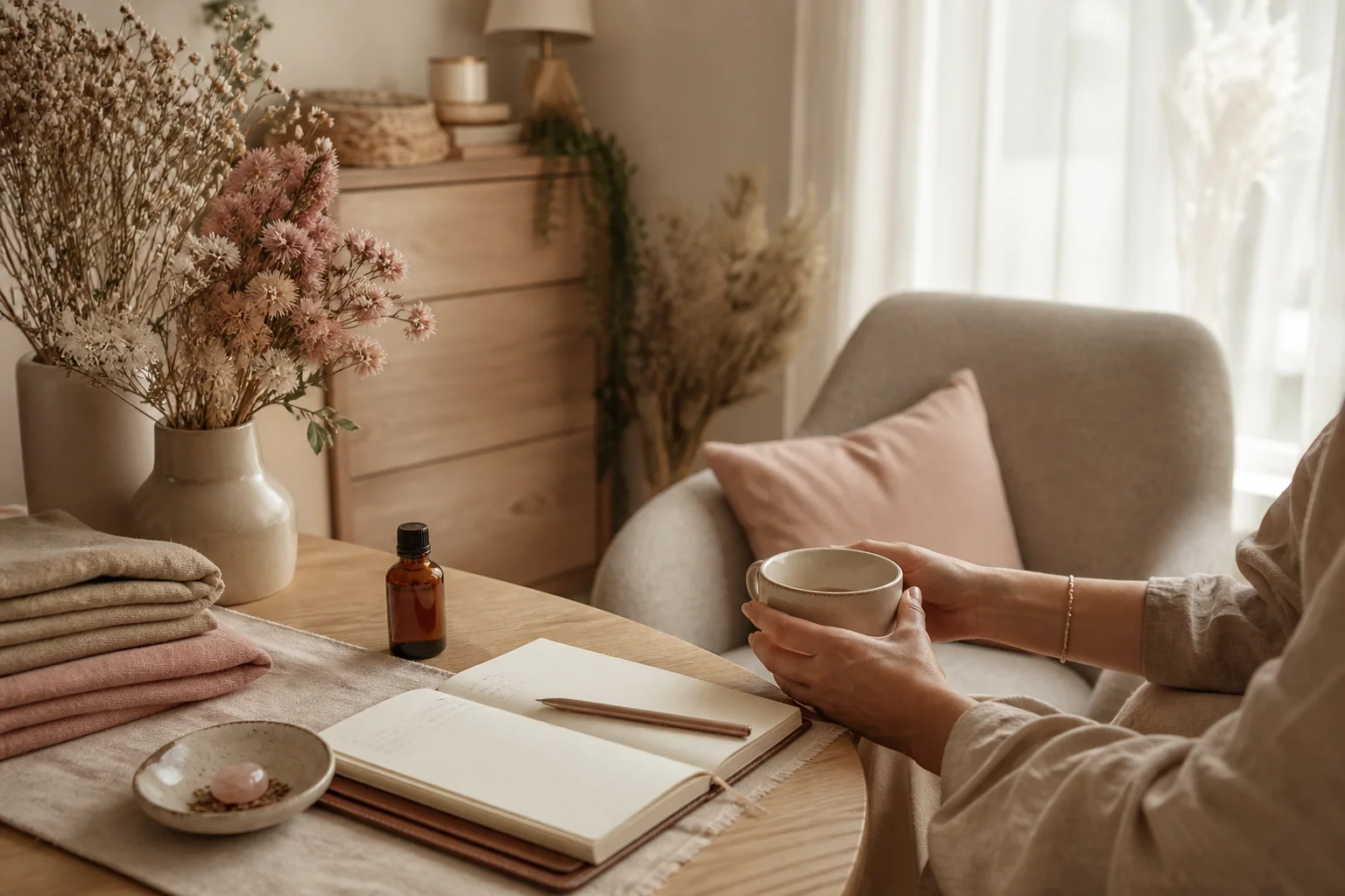 Coin d'écoute avec carnet, tisane et lumière douce