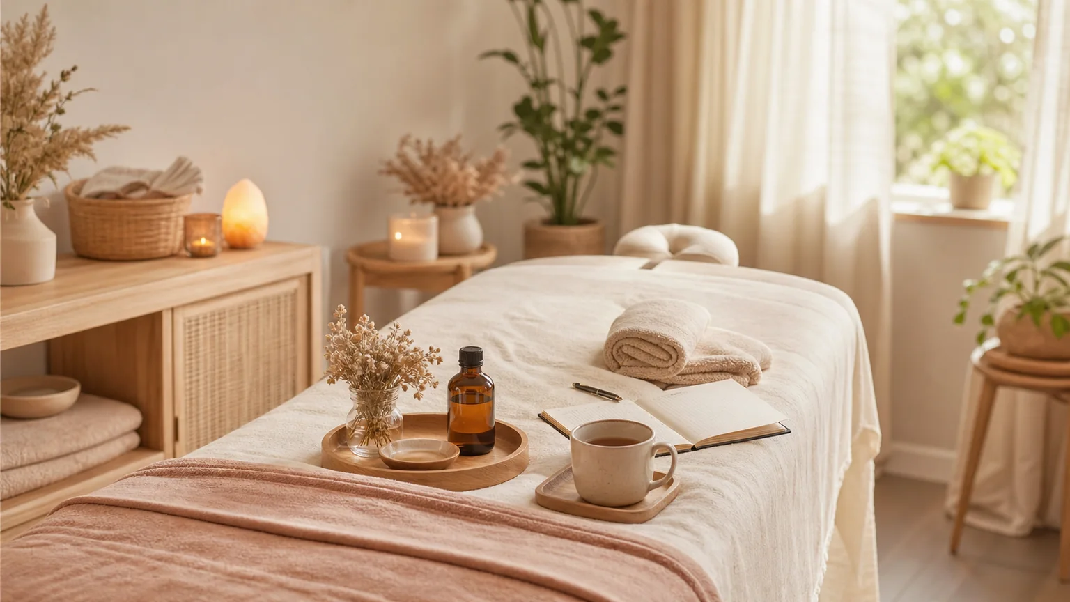 Espace de séance préparé avec table de massage, carnet et tisane